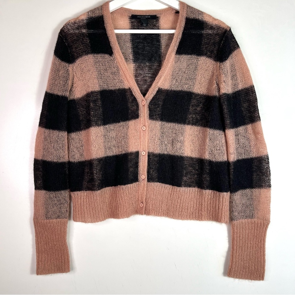 ALLSAINTS Renee V-neck Checked Wool Mohair-blend Cardigan Size Small - Picture 6 of 13